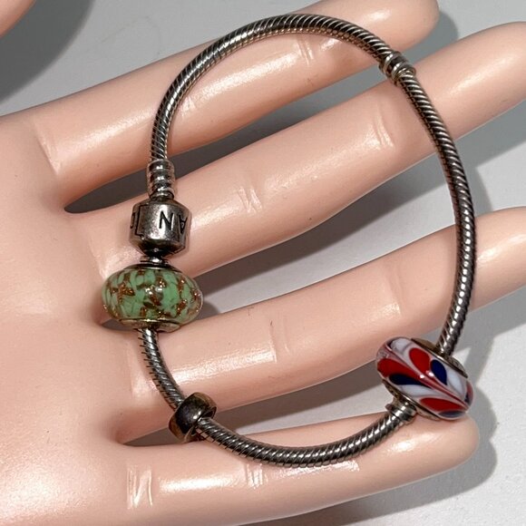 Authentic Pandora Ale Sterling Silver Snake Bracelet w/ Italy Murano Glass Charm - Picture 7 of 13
